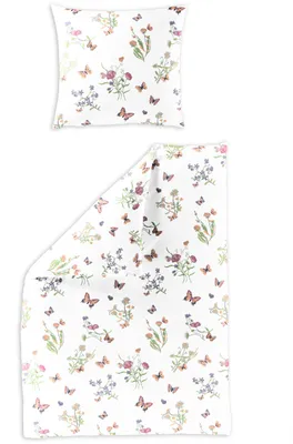 Produktbild von Bierbaum Mako-Satin Bettwäsche - bunte Blümchen, Schmetterlinge, weiß 135 x 200 cm bunte Blümchen und Schmetterlinge auf weißem Hintergrund