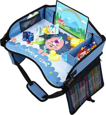 Produktbild von Famanu Kindertisch mit Spielzeugaufbewahrung - Verstellbarer Kindersitz für Flugzeug und Autos - Blau