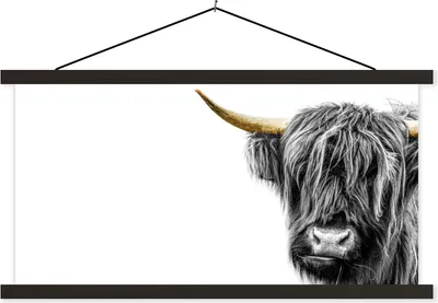 Produktbild von MuchoWow® Textilposter Schottisches Hochlandrind - Schwarz - Gold 150x75 cm mit schwarzem Rahmen - Posterleiste