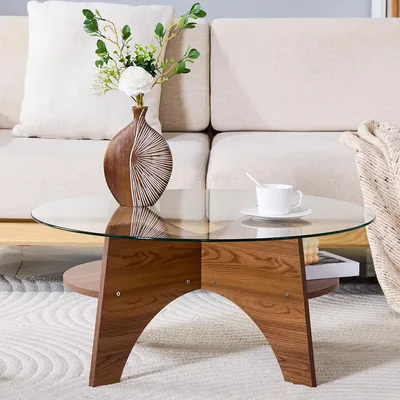 Produktbild von MODFU Moderner runder Couchtisch,Sofatisch mit Stauraum,multifunktionales Design,Kaffeetisch mit Fächerförmiges Gestell,Nussbaum