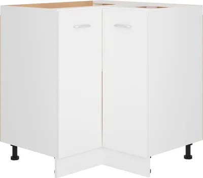 A white corner kitchen cabinet with two doors and black legs.
