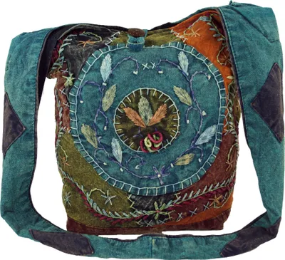 Produktbild von Batik Sadhu Bag, Hippie Tasche, Goa Schulterbeutel - Petrol, Uni - Erwachsene, Blau, Baumwolle, 30*30*20 cm, Alternative Umhängetasche, Handtasche aus Stoff