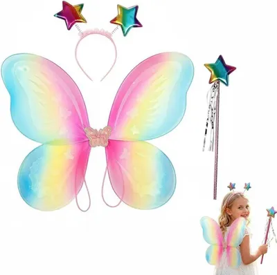Image de Ensemble de 3 ailes de papillon colorées avec pinces à cheveux et baguette magique, taille enfant, pour déguisement