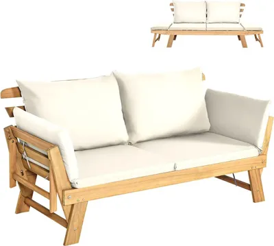 Produktbild von KOMFOTTEU Gartenbank aus Holz, Liegestuhl mit Auflage, Sonnenliege mit Beiden Seiten verstellbar, Multifunktionsbank für Garten, Terrasse & Balkon (Weiß)