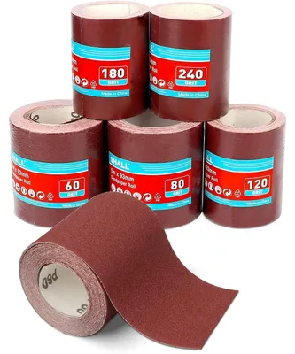 Immagine prodotto di Set di rotoli di carta abrasiva: 5 rotoli, dimensioni 9,3 cm x 5 m, grane 60/80/120/180/240, ossido di alluminio