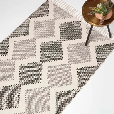 Produktbild von HOMESCAPES Malmö Webteppich geometrisch 90 x 150 cm - Baumwollteppich creme-grau-schwarz