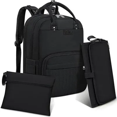 Produktbild von Famanu Wickelrucksack für Babys, große Wickeltasche, mit Kinderwagenriemen und Wickelunterlage, schwarz