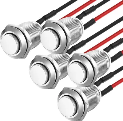 Produktbild von 5 Stücke Wasserdichte Drucktaster Verriegelung Druckschalter Messing Vernickelt Taster Ein Aus 12mm 2A/24V mit Draht (Hervorstehend)