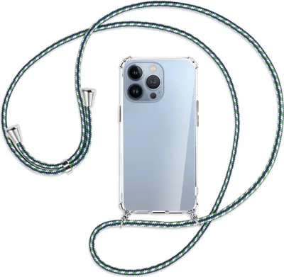 Produktbild von Handykette Backcover-Schutzhülle mit Band (Metall silberfarben) für Apple iPhone 13 Pro Max - grün/blau/weiß