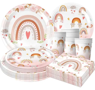 Productafbeelding van Feestservies, 50-delige set, papieren borden en bekers, roze, boho, regenboog