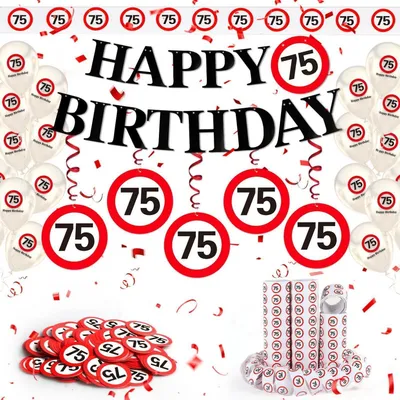 Produktbild von Geburtstagsdeko Set 75 Jahre Verkehrszeichen Banner Ballons Luftschlangen Konfetti