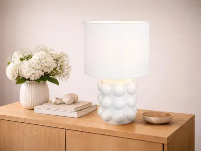 Produktbild von Große Retro LED Tischlampe mit Lampenfuß Keramik & Stoffschirm Weiß, Höhe 47cm