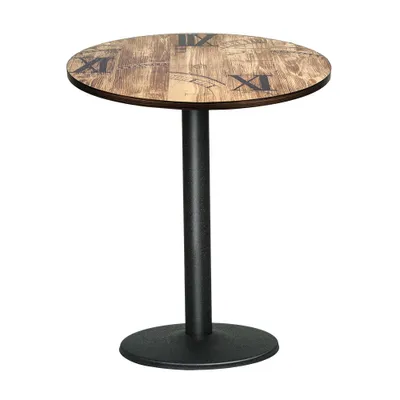 A round bistro table with a wood-grain top featuring Roman numerals, on a white background.