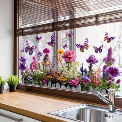 Produktbild von GKA XL Fensterbild Blumen Schmetterlinge Fensterfolie Sichtschutz 60 cm - A17
