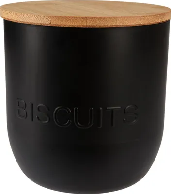 A black biscuit tin with a bamboo lid.