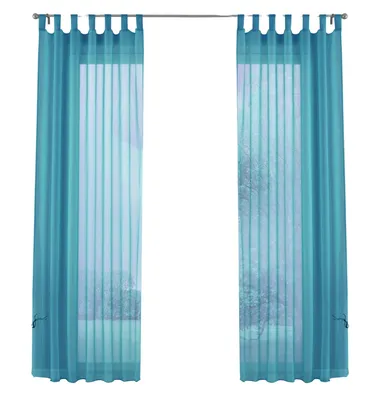 Two sheer teal curtains are hung on a rod, covering a window with a blurred outdoor scene visible through them.