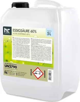 A white plastic canister of Essigsäure 60% (acetic acid 60%) with a label showing product information and safety warnings.
