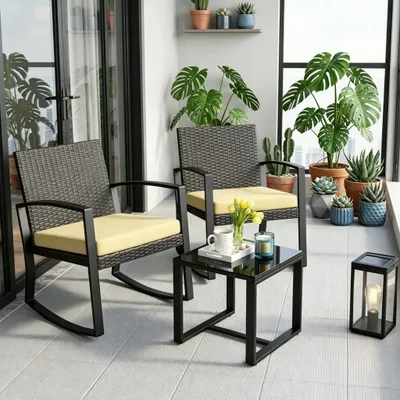 Immagine prodotto di Set di sedute in poly rattan Bealife 3 pezzi, set di mobili da giardino 2 persone, set di mobili da giardino, set di mobili da balcone con cuscini giallo (1 tavolo + 2 sedie)