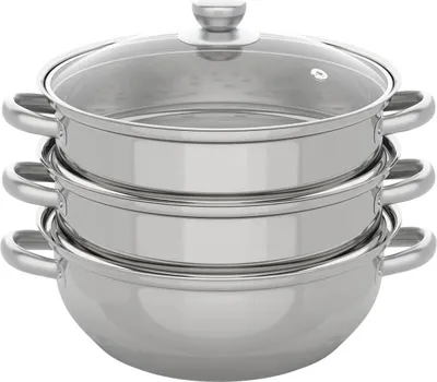 Produktbild von Dampfgarer - Dampftopf - 3-stöckig - 28 cm - Edelstahl - Hellgrau