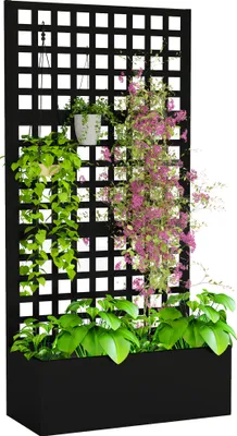 Image de Outsunny Jardiniššre avec treillis, brise-vue, lit suršŠlevšŠ de jardin, jardiniššre extšŠrieure en acier galvanisšŠe, pour plantes grimpantes, bac š€ fleurs pour balcon terrasse patio, 89x40x178cm, noir