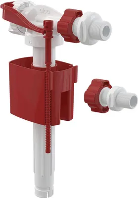 A toilet fill valve with a red housing and white components, shown against a white background.