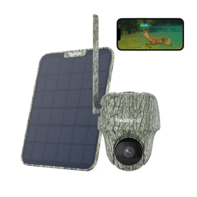 A solar-powered trail camera and its accompanying smartphone app interface.