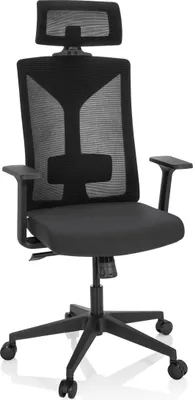 A black office chair with a mesh back and headrest, shown from the front on a white background.