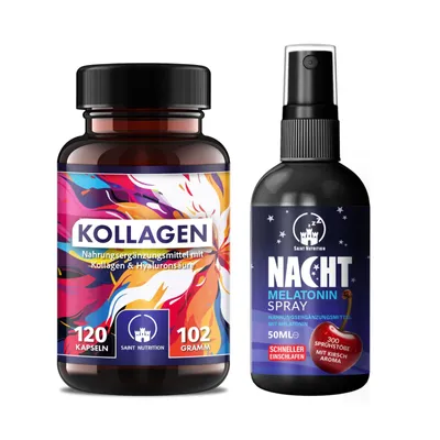 Produktbild von Saint Nutrition® Kollagen 3000mg | Hyaluron Kapseln + Melatonin Spray - für straffe Haut & erholsamen Schlaf - Schön im Schlaf - Collagen