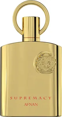 A studio shot of a gold perfume bottle.