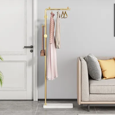 Produktbild von Kleiderständer, Garderobenständer, Freistehender Kleiderständer, mit Marmor-Grundplatte, Kleiderstange aus Metall, Arbeitszimmer, Wohnzimmer, Gold