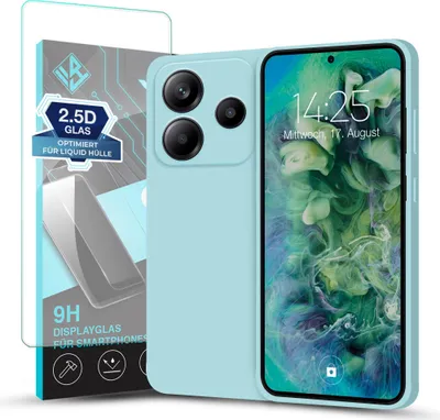 Produktbild von Hülle für Xiaomi Redmi Note 14 5G mit 9H Displayglas Displayschutz Plus Case Cover Bumper Silikon Softgrip Schutzhülle Farbe: Hellblau