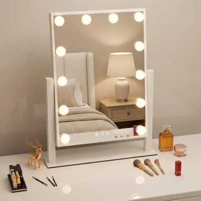 Produktbild von Hollywood Schminkspiegel mit Beleuchtung, 3 Lichtfarben Touch Dimmbar 12 LEDs, HD Bleifreier Spiegel, Stabile Standfuß, 360-Grad-Drehung