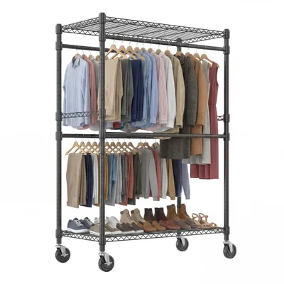Image de Porte-vêtements robuste sur roulettes, capacité de charge de 263 kg, 4 barres de suspension et 2 étagères, armoire mobile réglable, 114 x 203 cm, noir