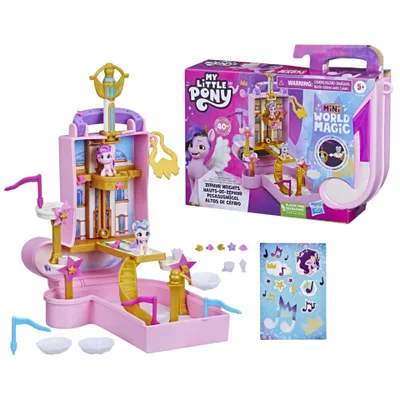 A My Little Pony playset in a suitcase-shaped case, along with its packaging and a sticker sheet.