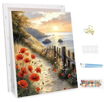 Produktbild von Malen nach Zahlen Set Erwachsene mit Rahmen, Landschaft Blumen, DIY Ölgemälde Kit, Acrylfarbe, 3 Pinsel, 30x40cm