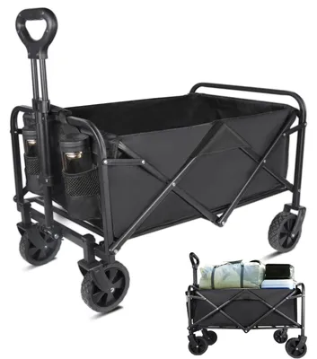 Produktbild von Camping Bollerwagen - Faltbarer Transportwagen - 600D Oxfordgewebe - Verstellbarer Griff - 75 kg Tragkraft - Mit Rädern - Schwarz