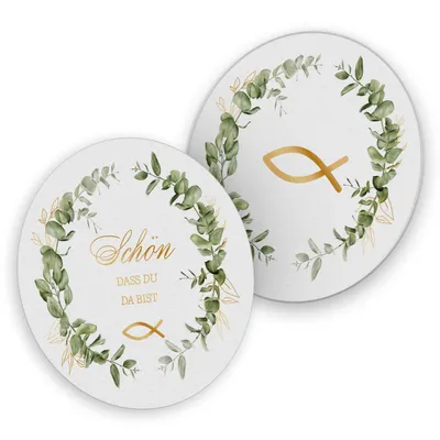 Produktbild von itenga 40x Bierdeckel rund Fisch Eukalyptus grün gold für Kommunion Konfirmation