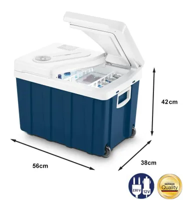 Obrázek produktu pro Přenosná elektrická chladnička, objem 39 litrů, napájení 12V a 230V, s kolečky a děleným víkem, vhodná pro auto i karavan