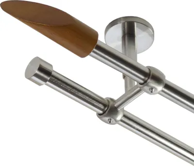 Produktbild von Gardinenstange Set Edelstahl Look Metall Ø 16mm Deckenbefestigung 2-lauf Holz Schräge, Länge wählbar D21 E53 E16