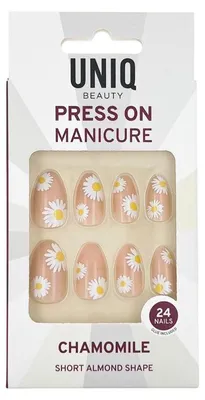 Immagine prodotto di Set di unghie finte UNIQ Press On Nails alla camomilla con colla - Forma a mandorla corta, 24 pezzi