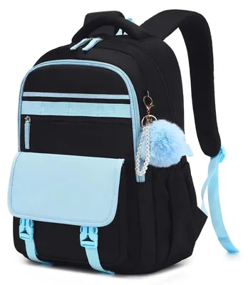 Immagine prodotto di Zaino per scuola, modello per bambine, design a blocchi di colore, nero e blu, idrorepellente, con cintura per il trasporto e elementi riflettenti