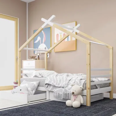 Zdjęcie produktu dla Łóżko dziecięce i młodzieżowe z litego drewna z szufladami, w kolorze białym i o wyglądzie drewna, z drewna sosnowego, ze stelażem z listew, 90x200 cm