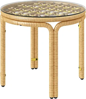 Image de Table d'appoint en polyrotin Ø 50 cm, jaune – Table basse ronde avec plateau en verre – Table de jardin résistante aux intempéries pour le balcon et le salon