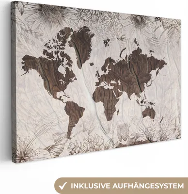 Produktbild von OneMillionCanvasses® - Leinwandbilder - 140x90 cm, Weltkarte - Holz - Blumen, Wandbilder Kunstdruck Wanddekoration