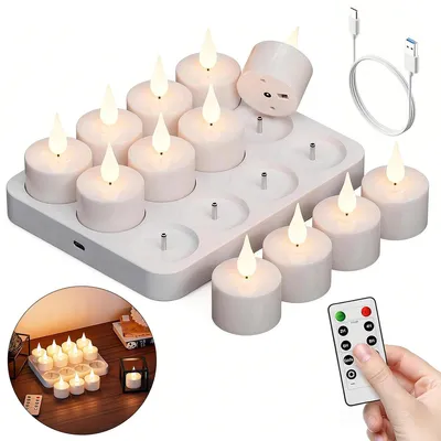 Produktbild von LED-Teelichter mit Fernbedienung ,12er Set wiederaufladbare Echtwachskerzen mit flackernder Flamme, inkl. Ladestation und Fernbedienung, warmweiß