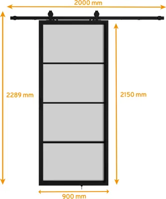 Produktbild von inova Loft-Glasschiebetür 900 x 2150 mm, Satiniertes Glas, Stahlrahmen Schwarz, Komplettset mit offener Laufschiene, Softclose beidseitig