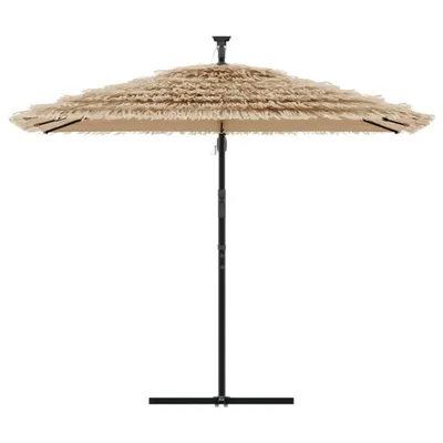 A beige patio umbrella with a fringed edge and a black metal stand, isolated on a white background.