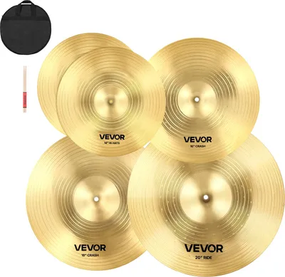 Immagine prodotto di VEVOR Set di piatti da 4 pezzi, piatti in lega, inclusi hi-hat da 355 mm, crash da 400 mm, crash da 455 mm, piatto ride da 505 mm, bacchette e borsa per piatti, pacchetto di piatti per batteristi