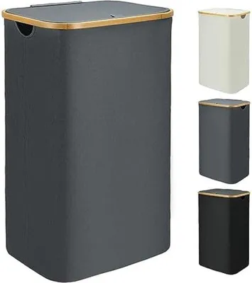 Produktbild von Graue Wäschetonne 110l mit Bambusgriff und Auszug