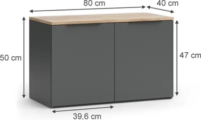 A grey sideboard with a wooden top, shown with dimensions indicated by arrows and text.